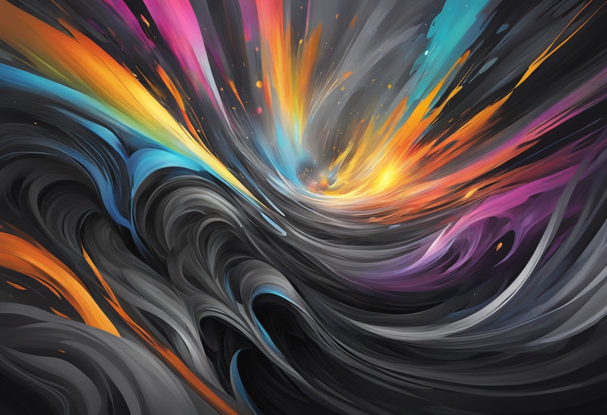 A dark, swirling vortex of black and gray, surrounded by vibrant bursts of color and light