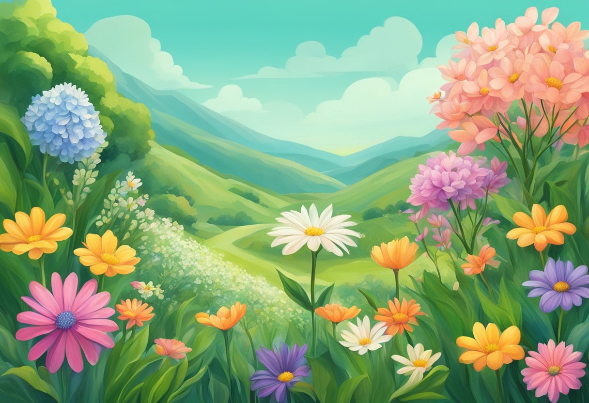 A blooming flower in May transitions into a vibrant, lush landscape in June, symbolizing the evolution from spring to summer