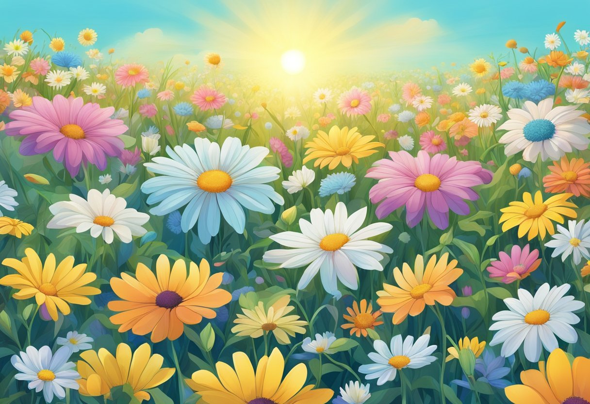 A blooming field of colorful flowers transitioning from May to June under a clear blue sky, with the sun casting a warm and uplifting glow