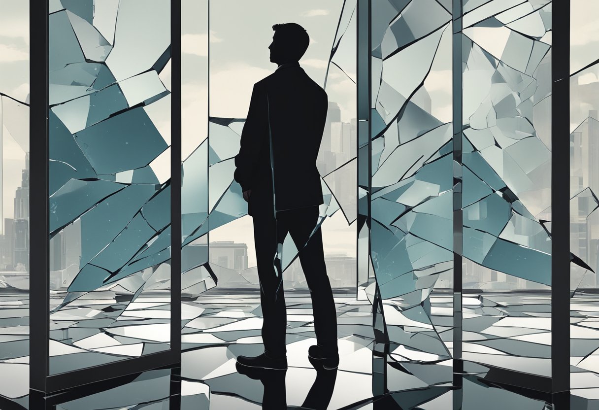 A lone figure stands in front of a shattered mirror, gazing at their distorted reflection with a mix of anger and sadness. The broken pieces of glass cast fragmented reflections of the figure's silhouette