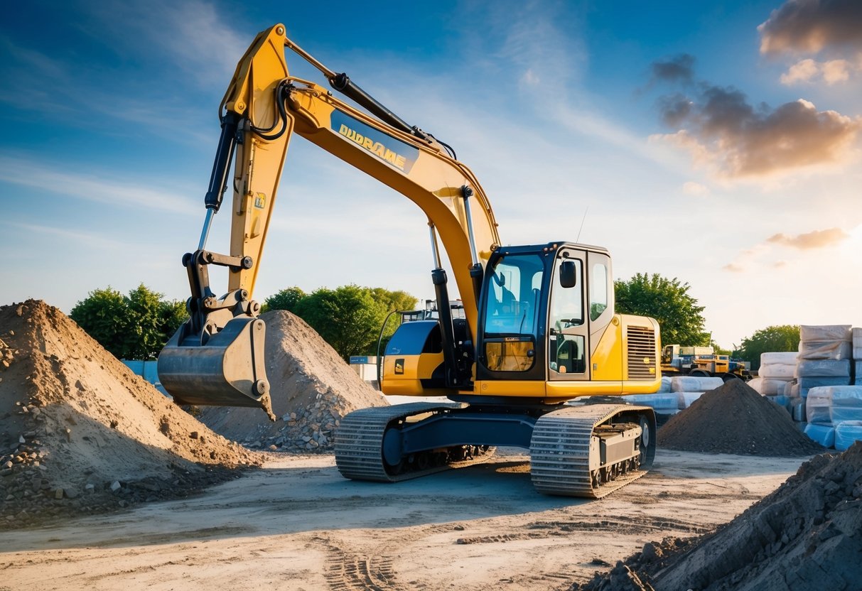 An excavator parked at a construction site, surrounded by piles of dirt and construction materials. The machine's arm is extended, ready for use