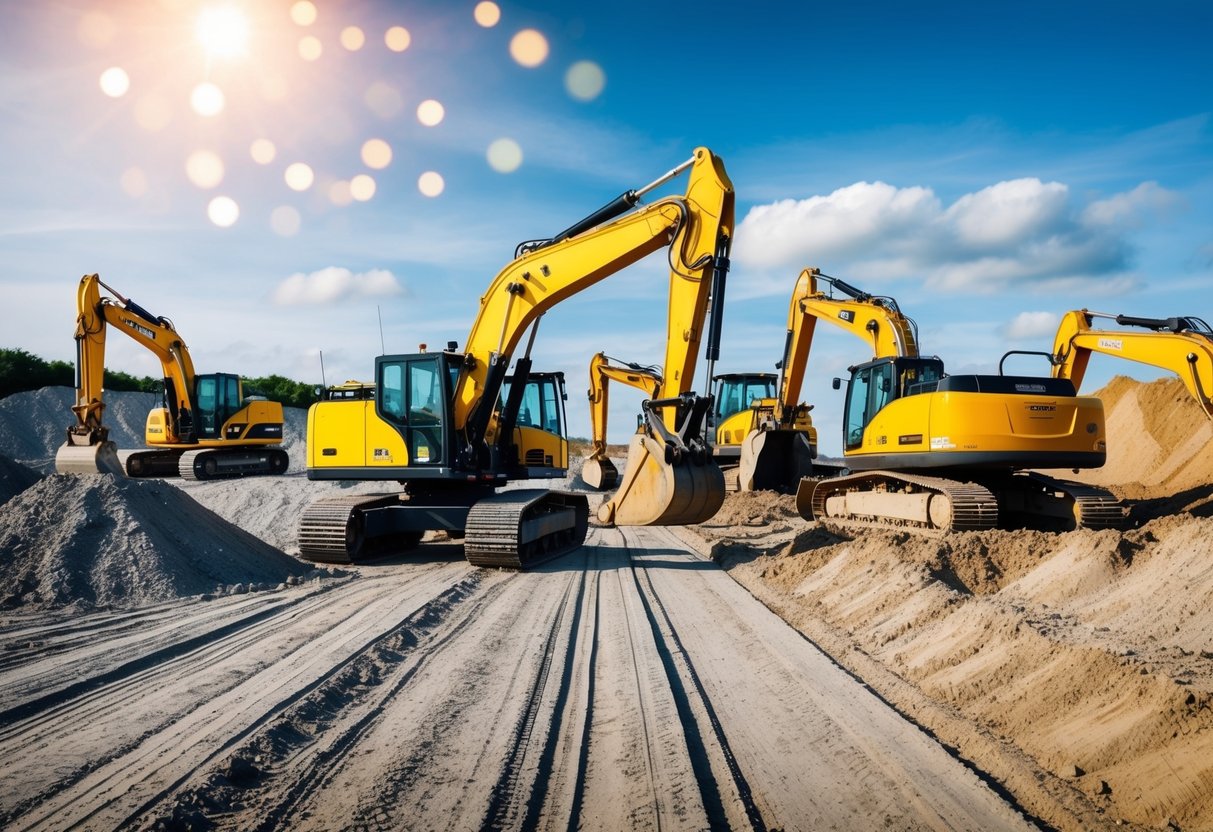 A construction site with various types of excavators and different terrains to depict the process of choosing the right excavator for a project