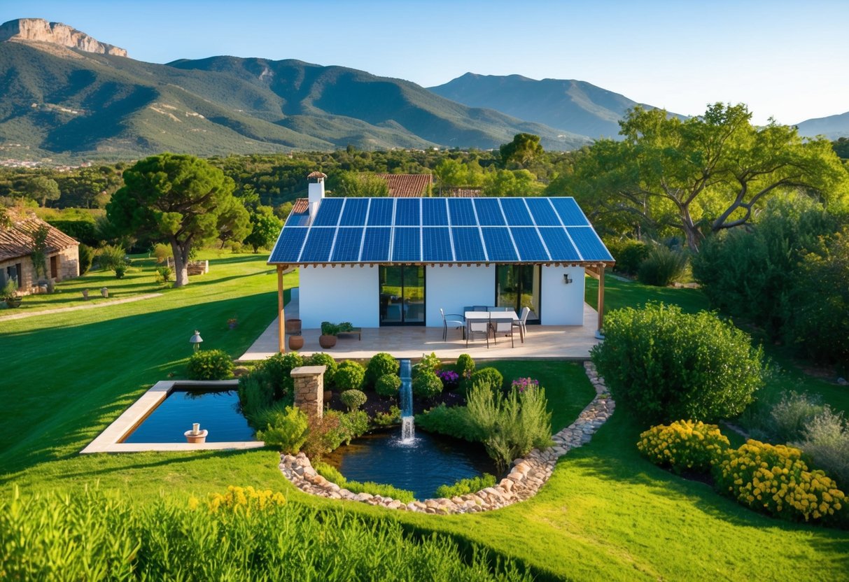 Eine ruhige ländliche Landschaft in Spanien mit einem solarbetriebenen Haus, einem Garten und einer Wasserquelle, umgeben von Bergen und üppigem Grün