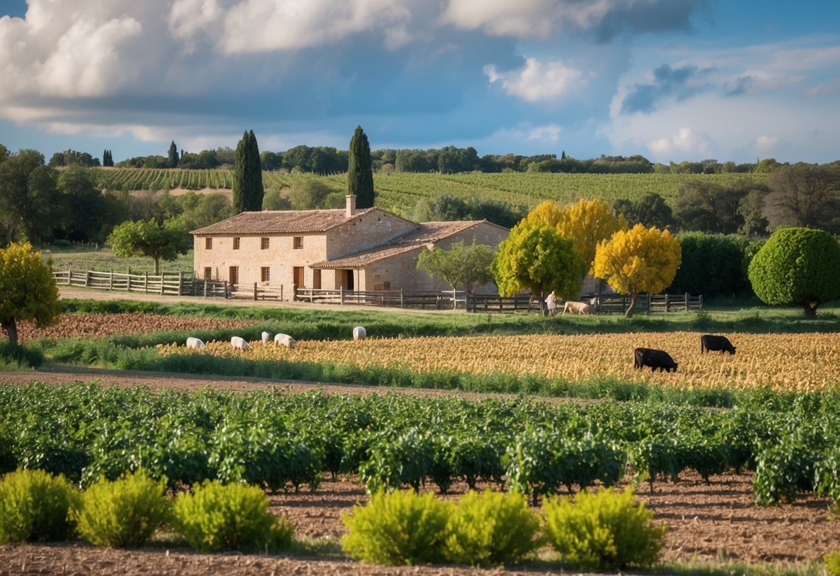 Eine ländliche Szene in Spanien mit einem Bauernhaus, Feldern mit Feldfrüchten, Obstbäumen und Vieh, die autarkes Leben und Landwirtschaft demonstriert