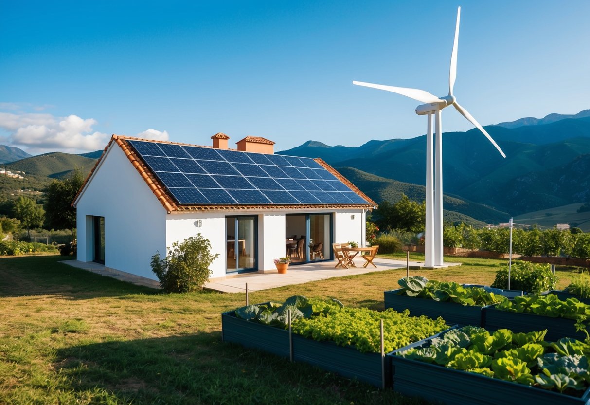 Ein solarbetriebenes Haus auf dem spanischen Land mit Windkraftanlagen und einem Gemüsegarten, umgeben von Bergen und klarem blauen Himmel