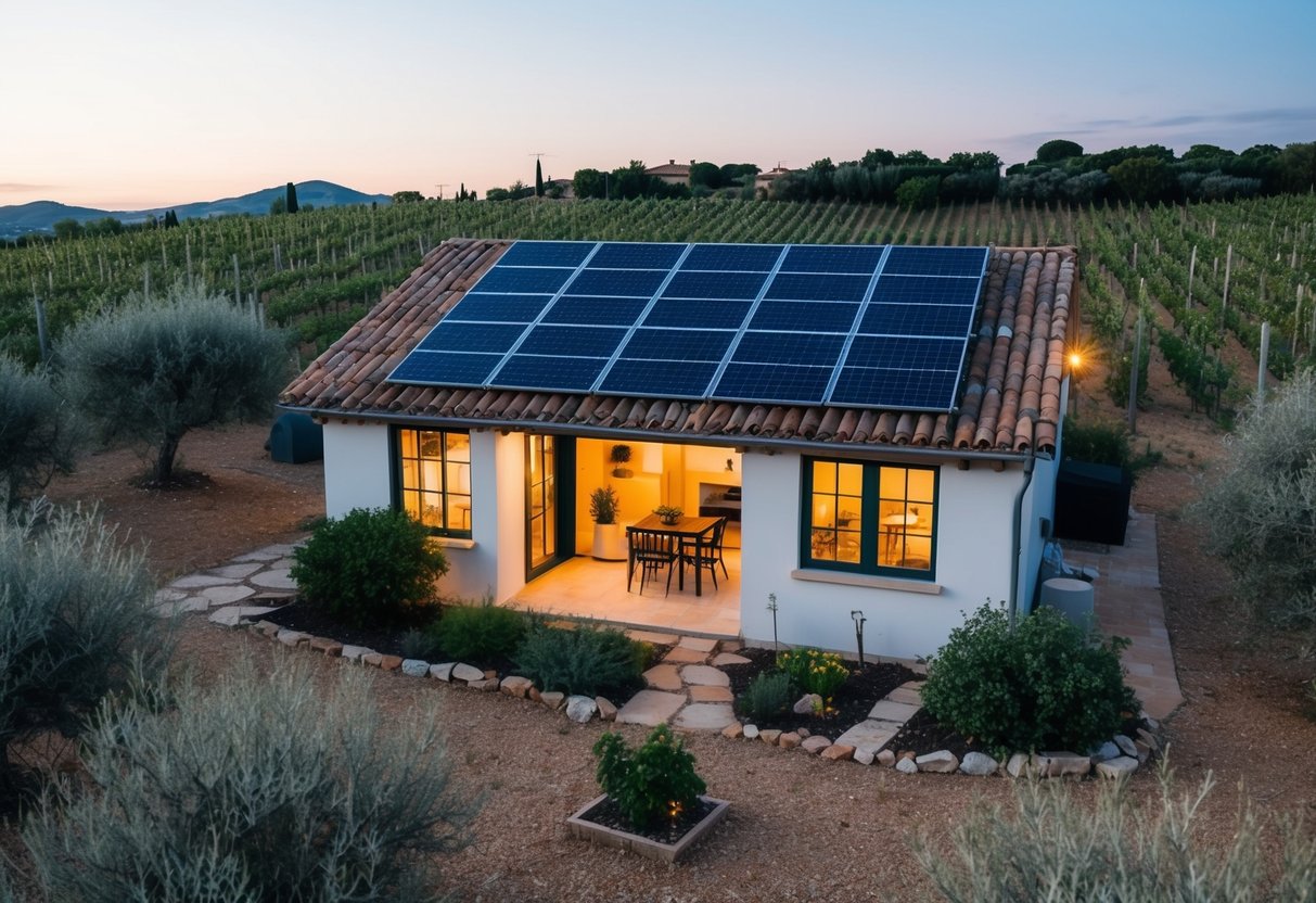 Ein gemütliches, netzunabhängiges Haus auf dem spanischen Land, umgeben von Olivenhainen und Weinbergen, mit Sonnenkollektoren auf dem Dach und einem kleinen Garten im Hof