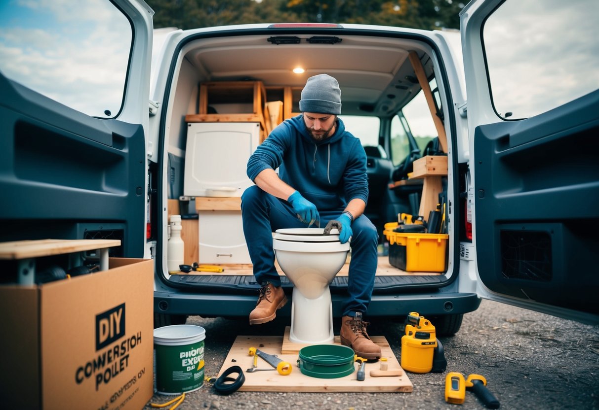 Eine Person, die in einem Lieferwagen eine Komposttoilette baut, umgeben von selbstgebauten Umbaumaterialien und Werkzeugen für Lieferwagen