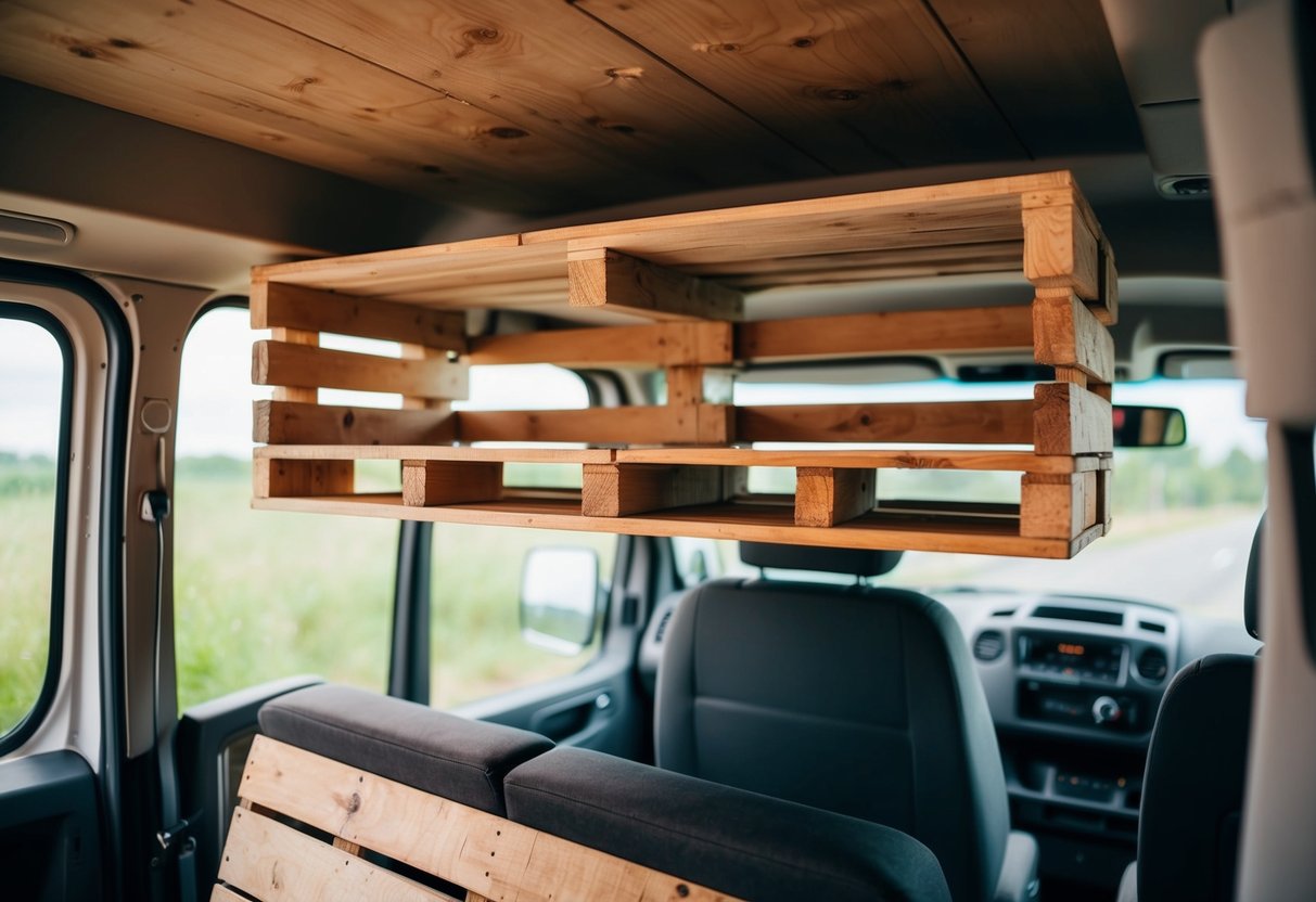 Ein Palettenregal aus Holz in einem Transporter mit DIY-Umbauelementen