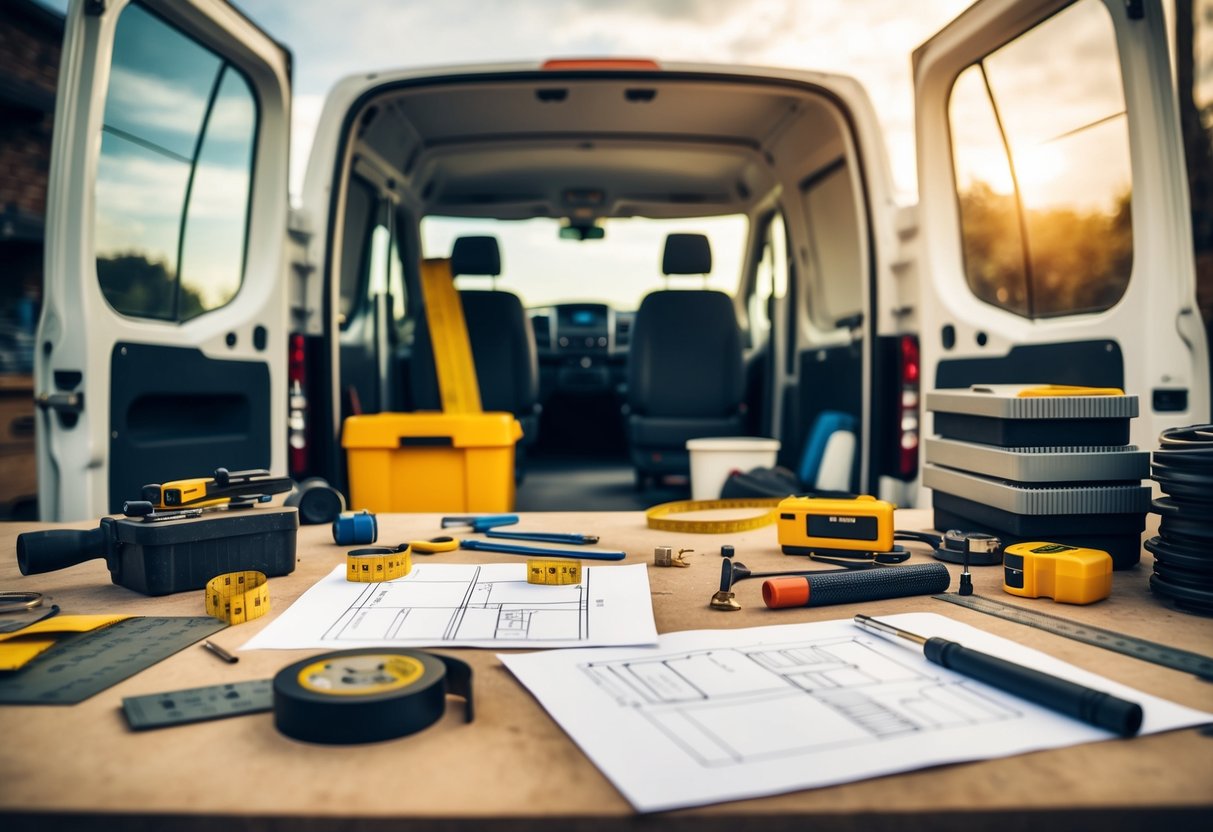 Ein vollgestopfter Arbeitsplatz mit verstreuten Werkzeugen, Maßbändern und Skizzen. Im Hintergrund ist der Innenraum eines Lieferwagens zu sehen, in dessen Nähe verschiedene DIY-Umbaumaterialien gestapelt sind