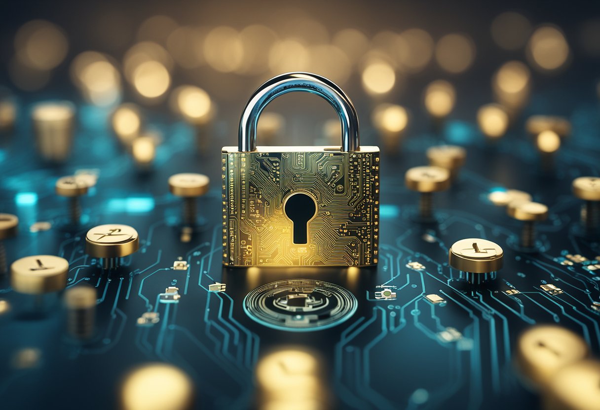 A padlock with digital elements, surrounded by shield icons and a glowing circuit pattern, symbolizing cybersecurity