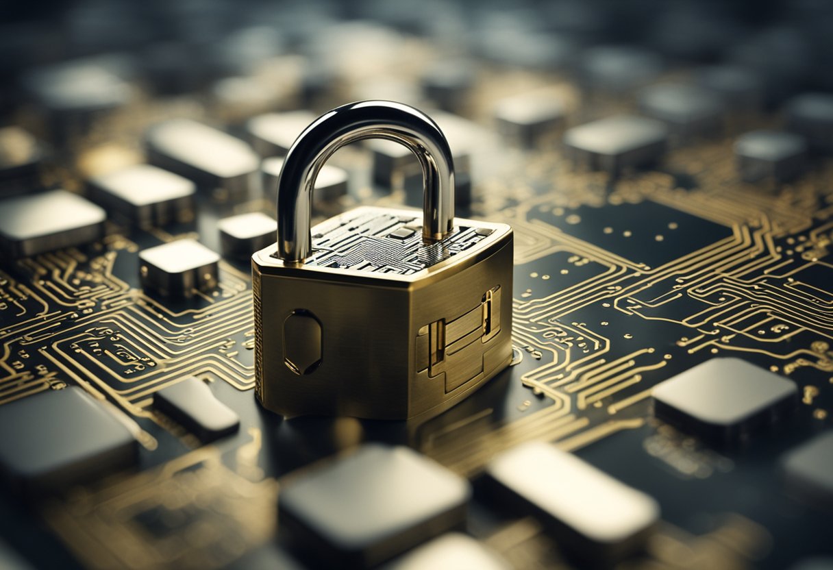 A padlock with a shield and a keyhole, surrounded by binary code and circuitry, symbolizing cybersecurity fundamentals