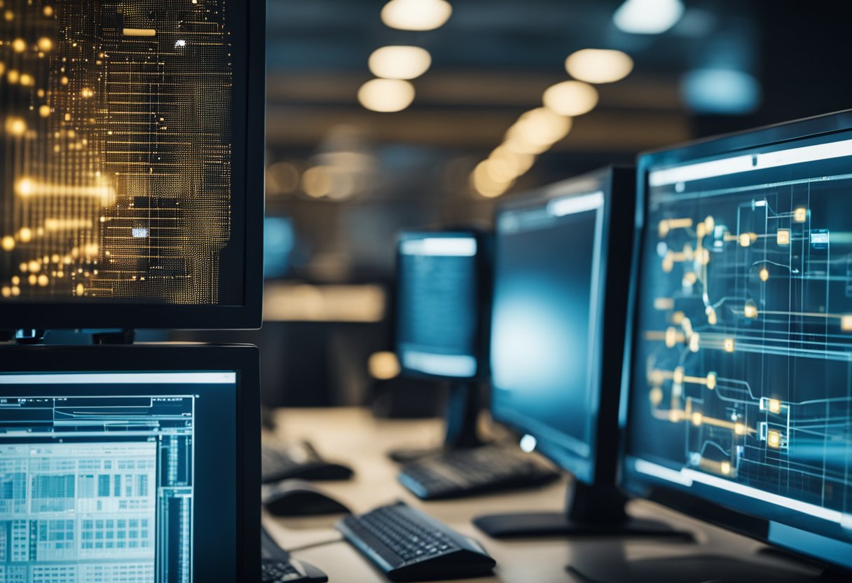 A network of interconnected devices and systems protected by firewalls and encryption, with a vigilant security team monitoring for potential threats