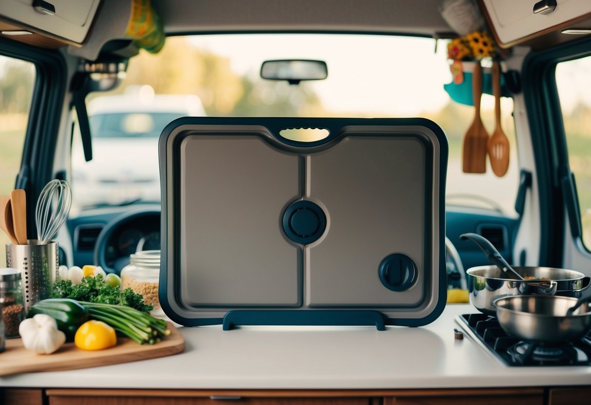 A foldable cutting board in a camper-van kitchen, surrounded by various cooking utensils and ingredients