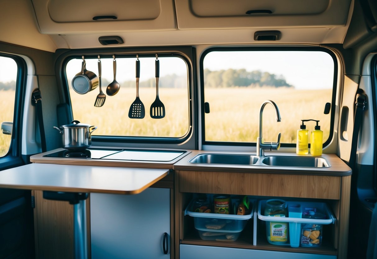 Eine Wohnmobilküche mit ausklappbarem Tisch, an Haken hängenden Kochutensilien, einer kleinen Spüle und Staufächern für Lebensmittel und Vorräte