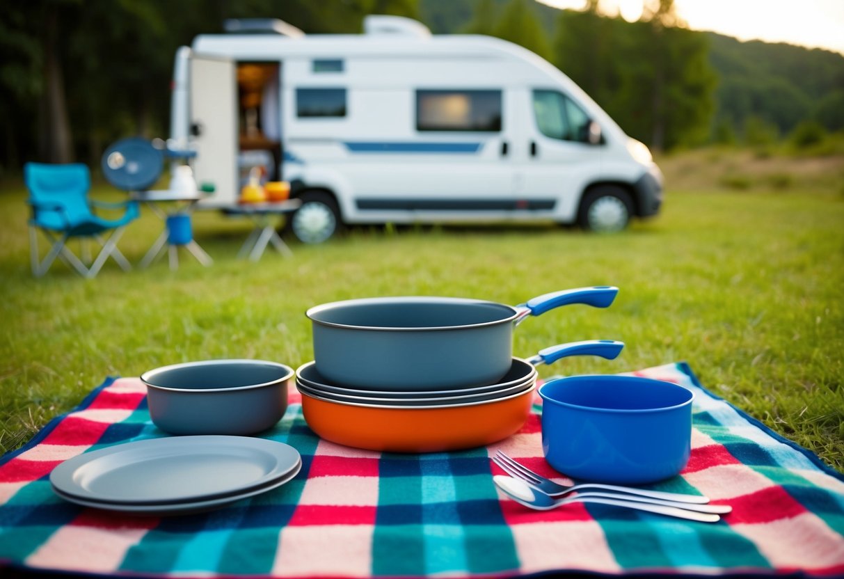 Ein ordentlich arrangiertes Campinggeschirr-Set auf einer karierten Picknickdecke, im Hintergrund ein Wohnmobil. Kochutensilien und Teller im Freien sind sichtbar