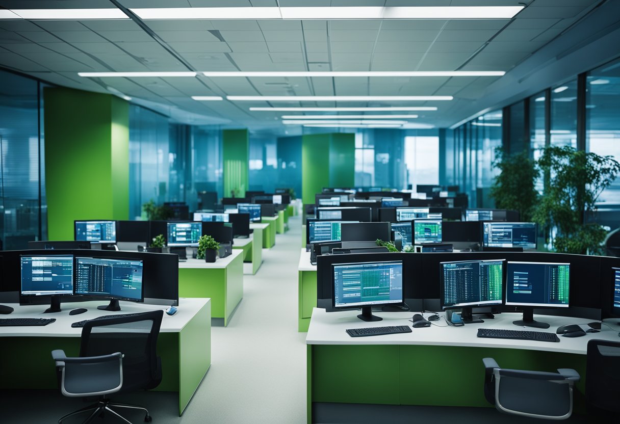Fundamentos de Ciberseguridad para Empresas 1 A corporate office setting with computers, servers, and security software. Blue and green color scheme with a lock symbol