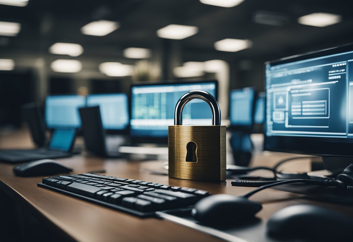 Fundamentos de Ciberseguridad para Empresas 2 A corporate office setting with computers, servers, and security software. A padlock and shield symbolize cybersecurity measures