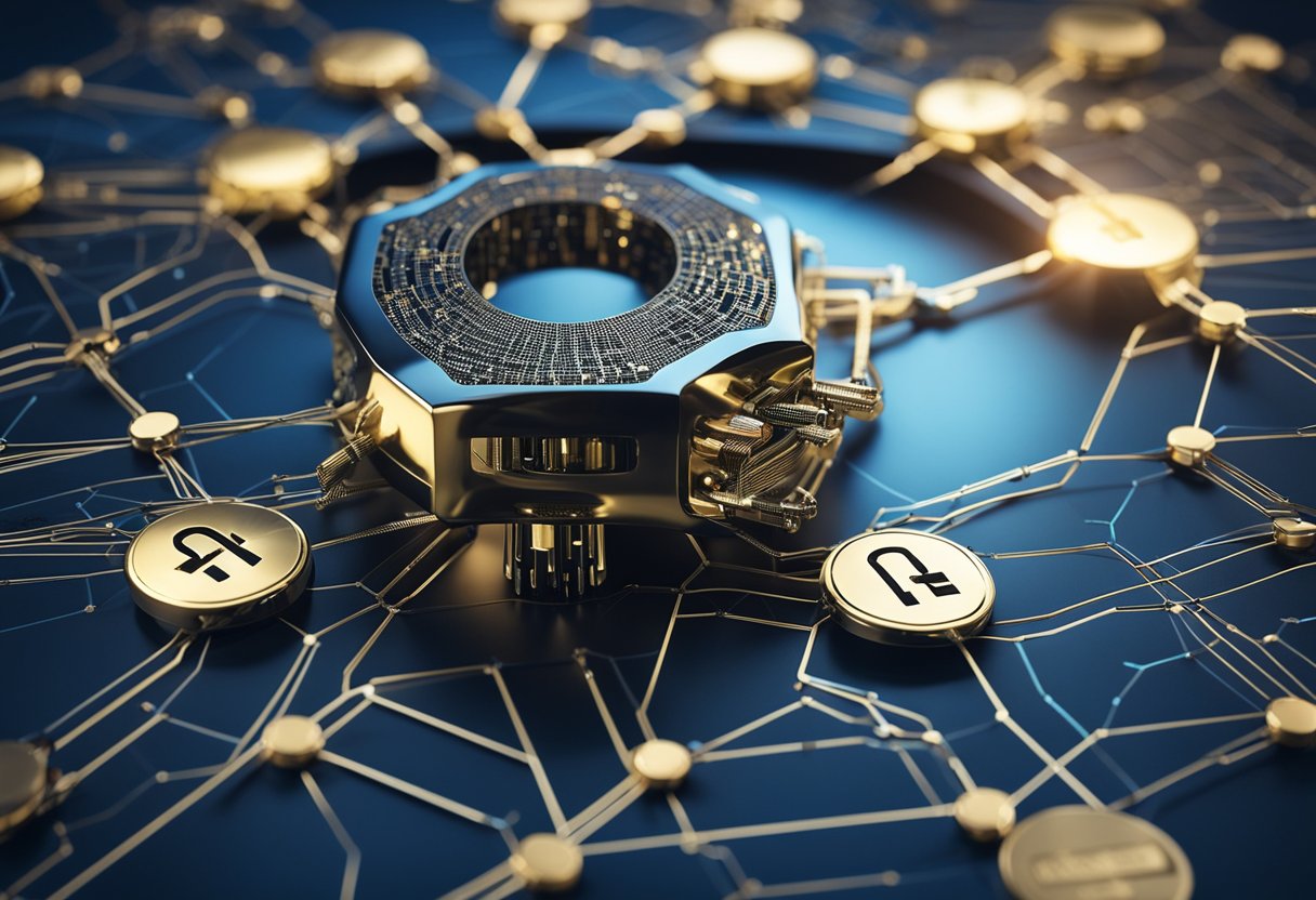 Fundamentos de Ciberseguridad para Empresas 3 A secure lock on a digital device with a shield symbol, surrounded by interconnected network nodes and data flowing between them