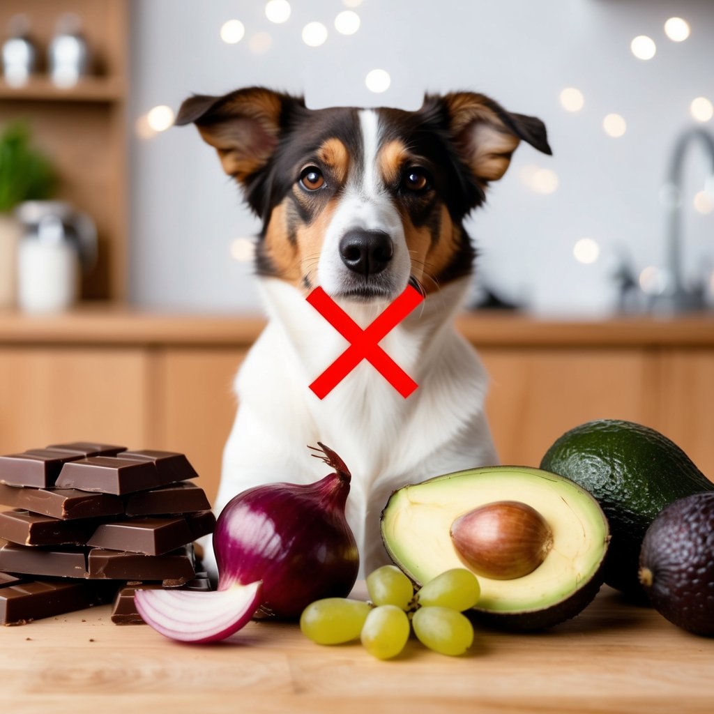 A dog surrounded by foods like chocolate, grapes, onions, and avocado, with a red "X" over each item
