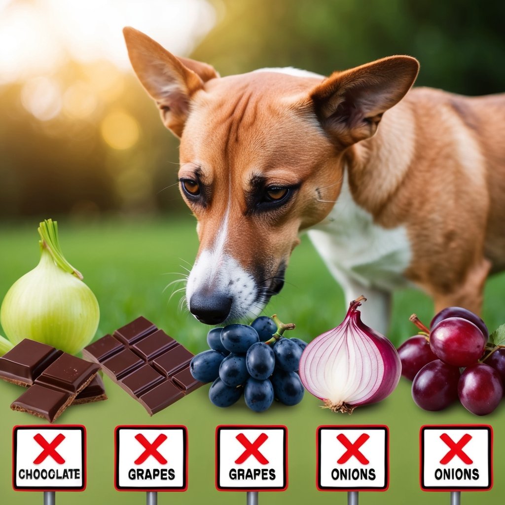 A dog sniffs a variety of foods, including chocolate, grapes, and onions, while a warning sign with a red X appears next to each toxic item