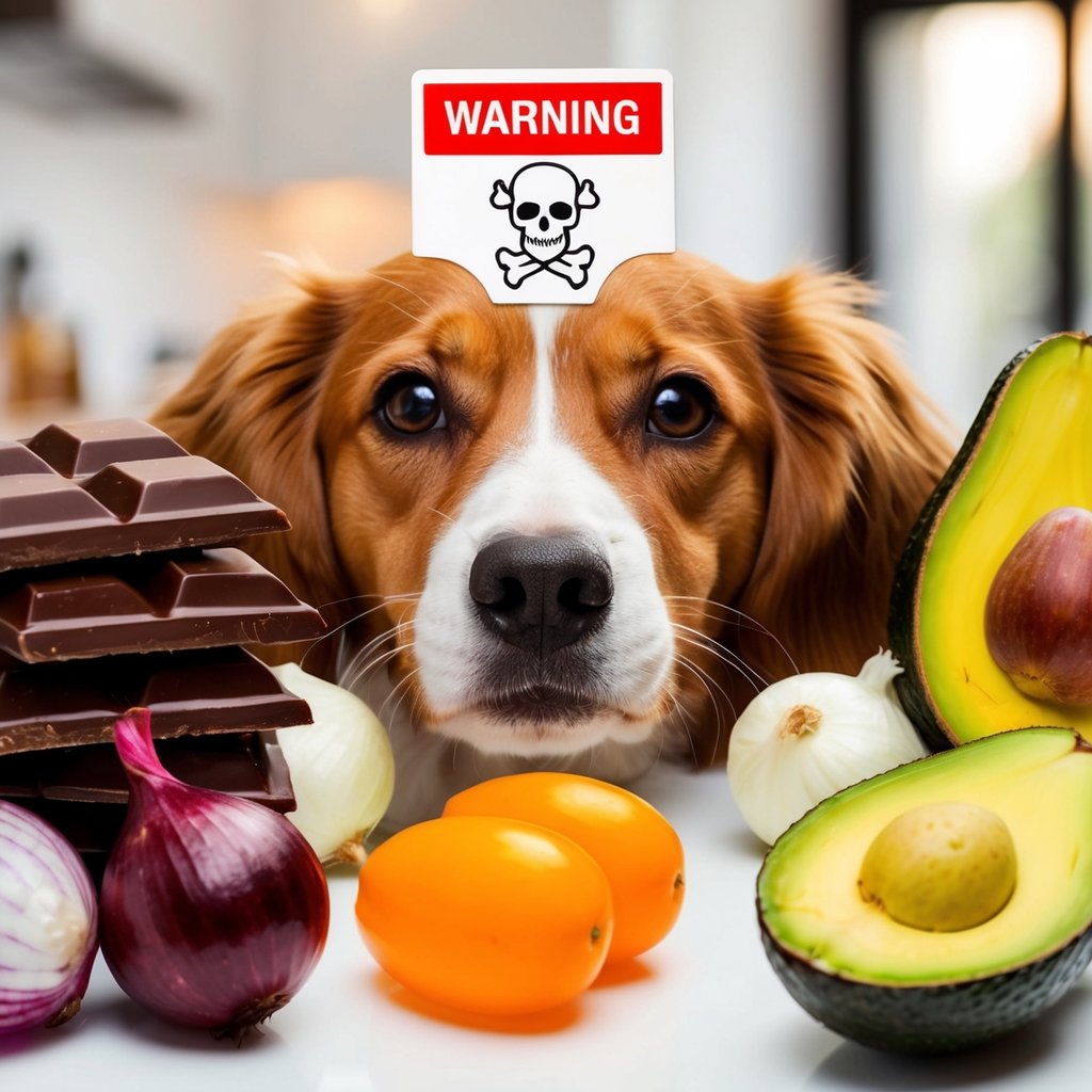 Various harmful foods surround a curious dog: chocolate, grapes, onions, and avocado. A warning sign with a skull and crossbones emphasizes their toxicity