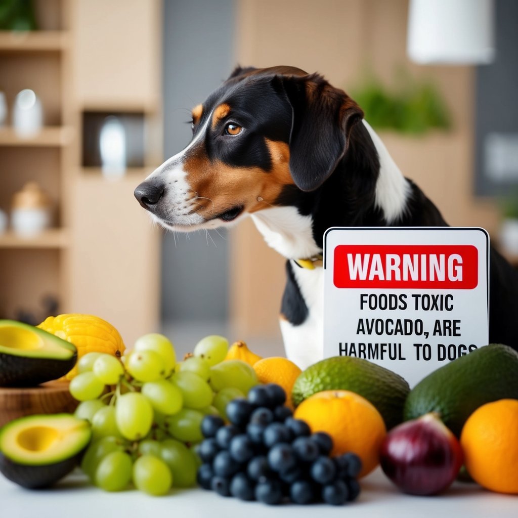 Various fruits and vegetables, such as grapes, onions, and avocados, are harmful to dogs. A dog looks at a table filled with these toxic foods, with a warning sign nearby