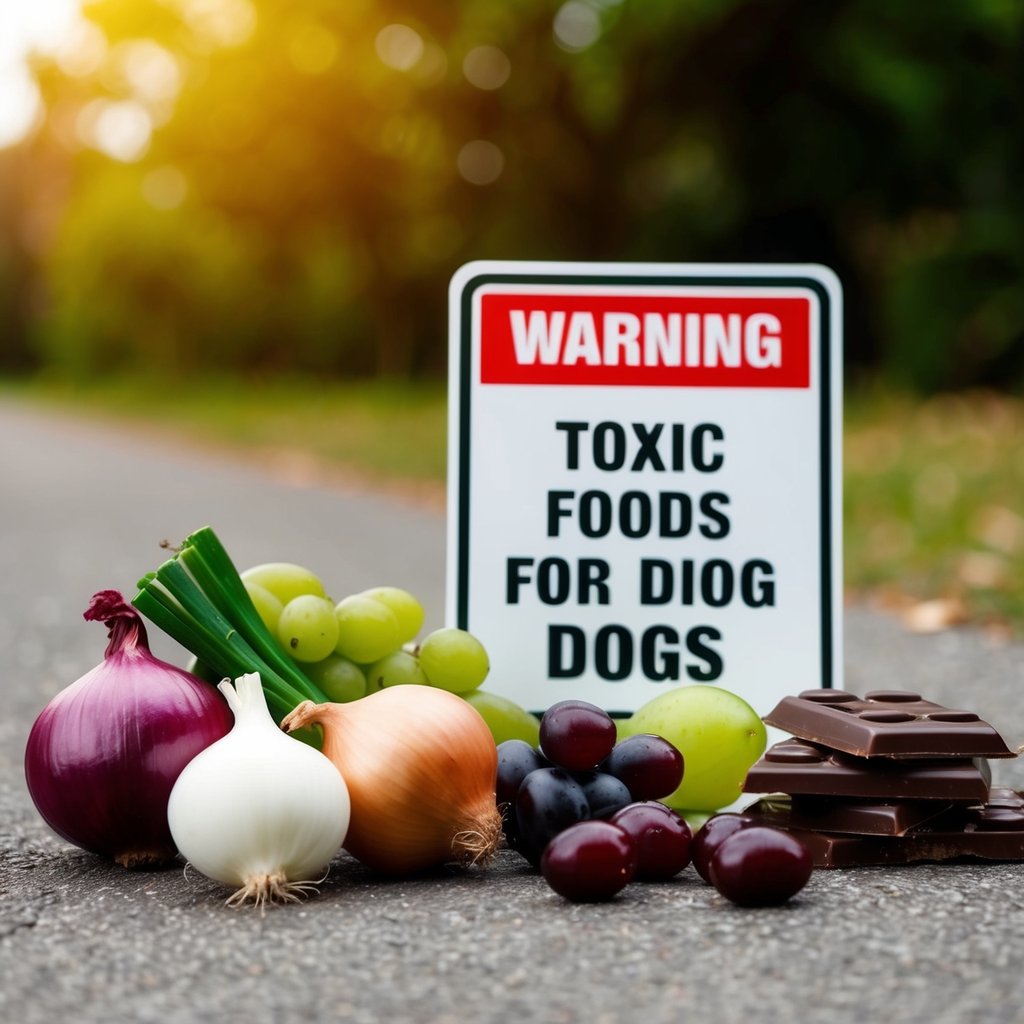 A variety of uncooked foods, such as onions, grapes, and chocolate, are scattered on the ground next to a sign warning about toxic foods for dogs