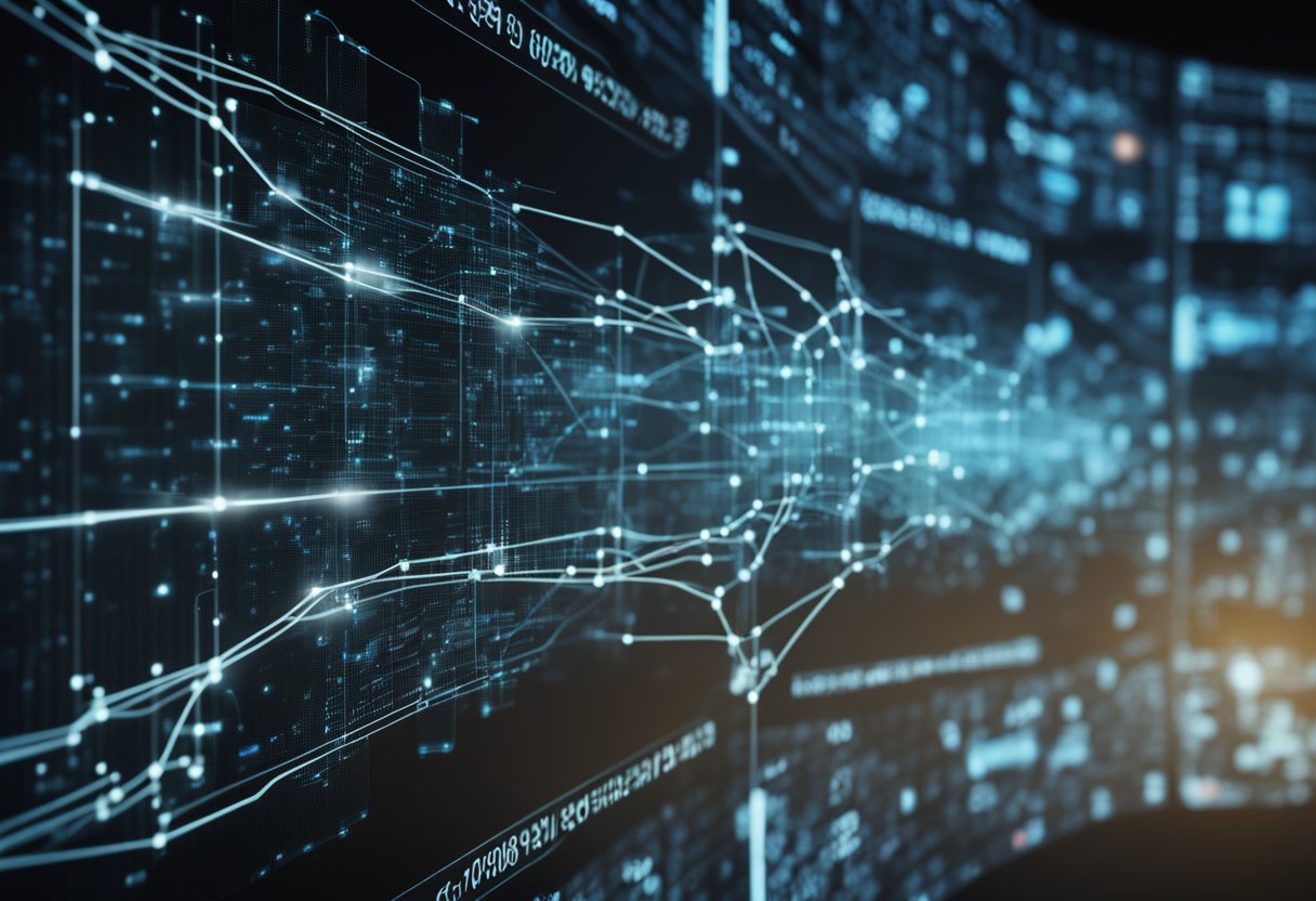 A computer screen displays a complex network of interconnected nodes and data flowing between them, with various security measures and firewalls in place