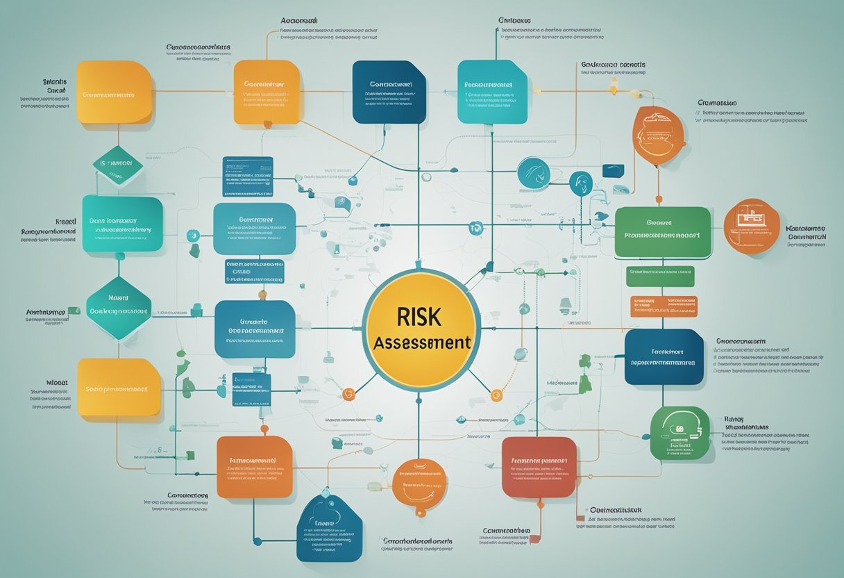 A computer screen displaying a flowchart of cybersecurity risk assessment and continuous improvement process, with various interconnected nodes and decision points