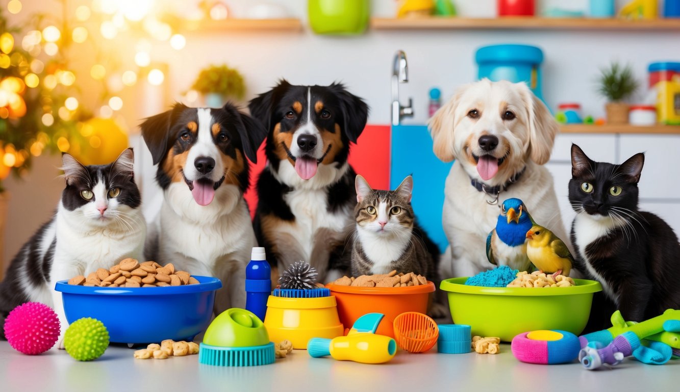 A variety of pets, including dogs, cats, birds, and fish, are surrounded by toys, treats, and grooming supplies in a colorful and lively setting