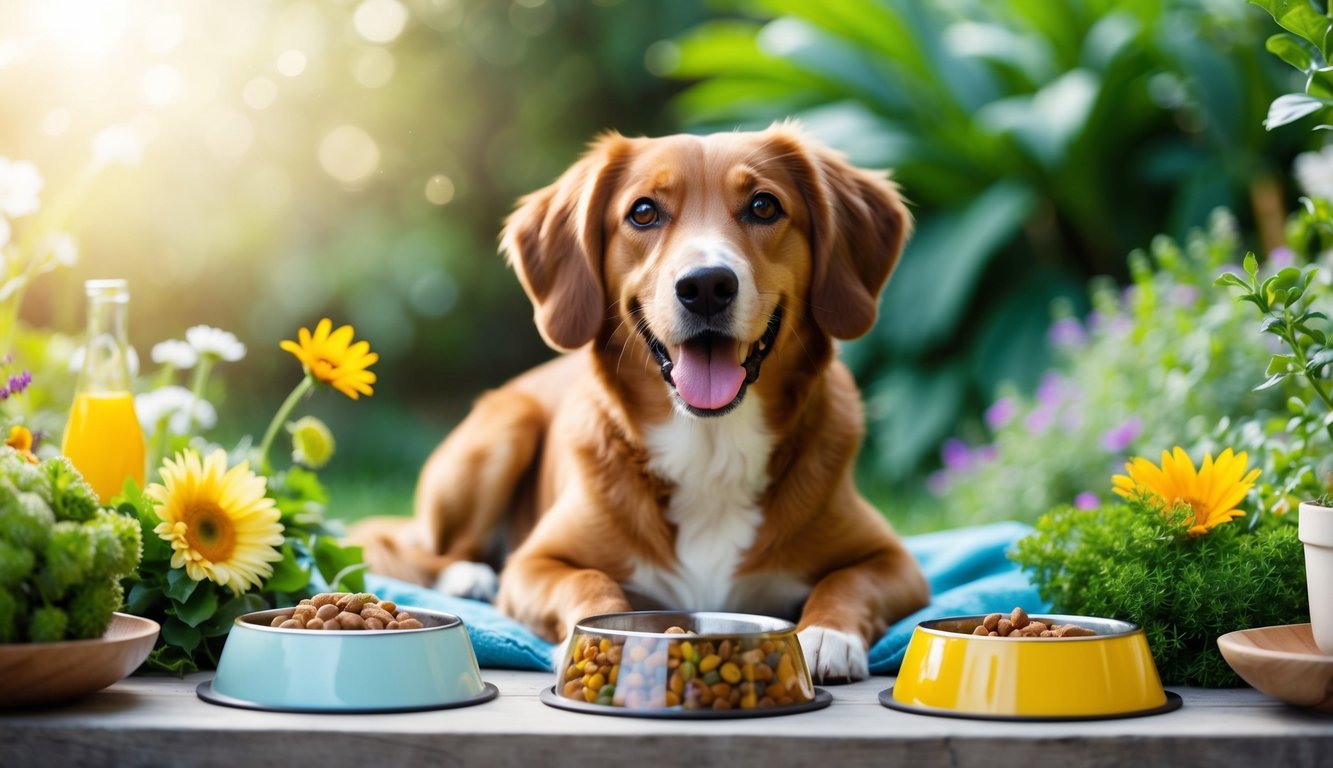 A happy dog with a shiny coat and bright eyes, surrounded by natural elements like flowers, plants, and healthy food bowls