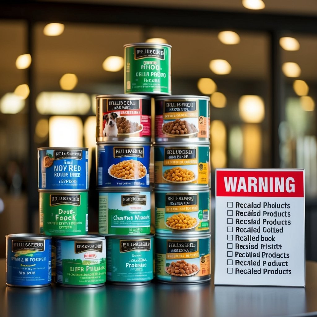 A pile of various dog food cans and bags stacked on a table, with a red warning sign and a list of recalled products next to them