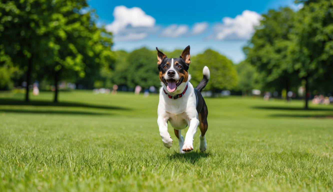 A dog running joyfully through a lush green park, with a bright blue sky overhead and a few scattered clouds