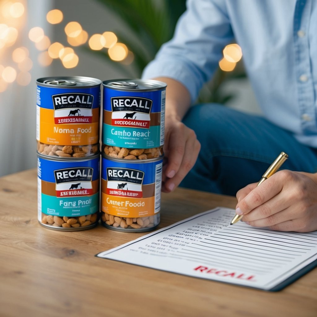 A stack of dog food cans and bags with a red "recall" stamp. A worried pet owner reading a list of recalled brands