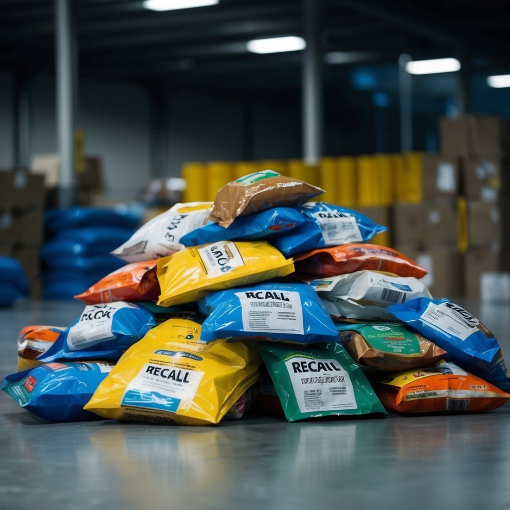 A pile of various dog food bags with "Recall" labels, scattered on the floor of a dimly lit warehouse