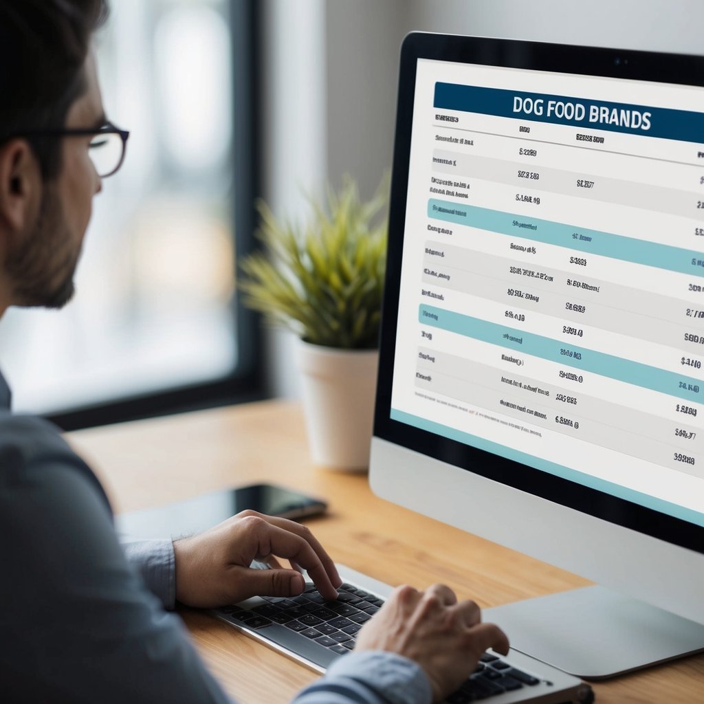 A person checking a list of dog food brands on a computer screen for a potential recall in 2024