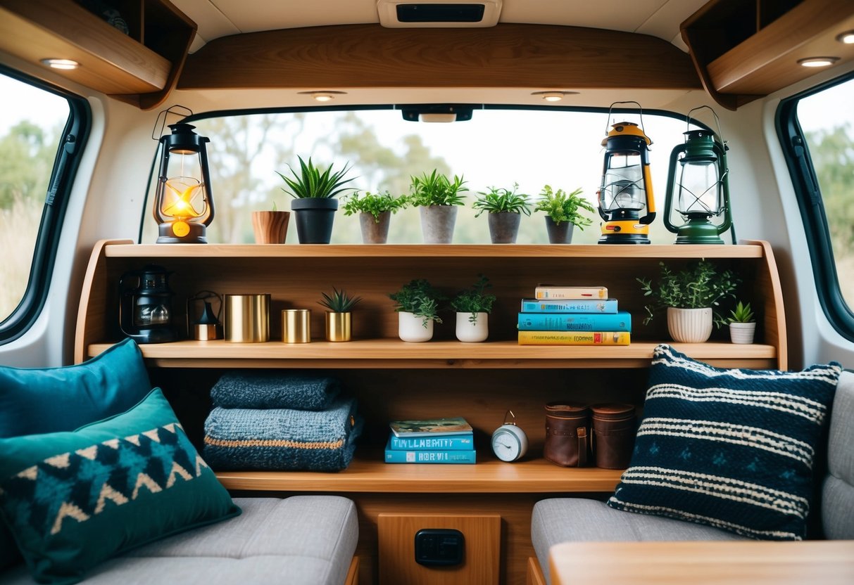 Holzregale gefüllt mit Campingausrüstung und Dekorationen in einem gemütlichen Wohnmobil-Interieur. Zu den Artikeln gehören Laternen, Pflanzen, Decken und Reisebücher