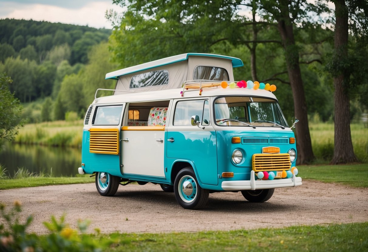 Ein Oldtimer-Wohnmobil, geparkt in einer malerischen Umgebung im Freien, umgeben von Bäumen und einer ruhigen Naturlandschaft. Der Van ist mit Retro-Dekor und farbenfrohen Akzenten geschmückt