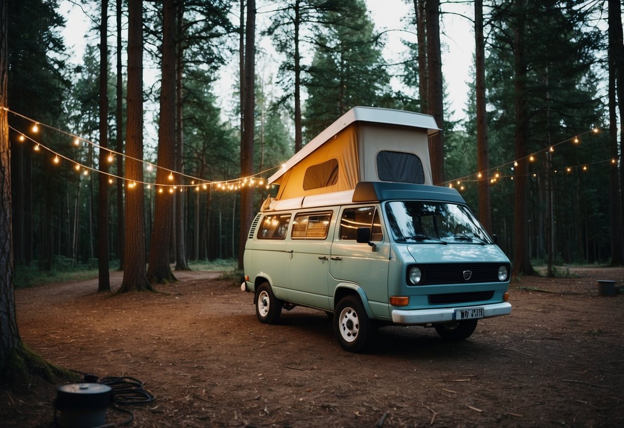 Ein Wohnmobil, das auf einer abgelegenen Waldlichtung geparkt ist und mit solarbetriebenen Lichterketten und anderen dekorativen Elementen geschmückt ist