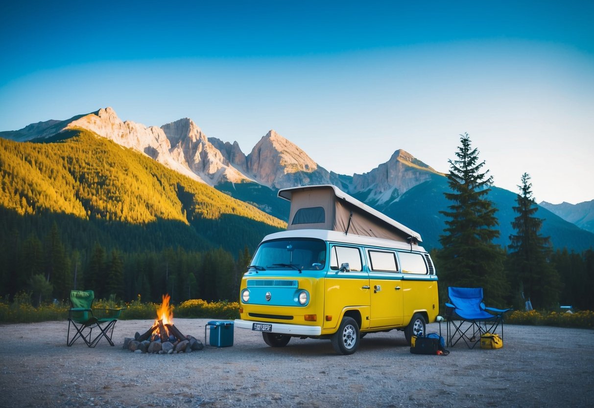 Ein farbenfrohes Wohnmobil, das an einem malerischen Ort mit Bergen, Bäumen und einem klaren blauen Himmel im Hintergrund geparkt ist. Outdoor-Campingausrüstung und ein gemütliches Lagerfeuer runden das Bild ab