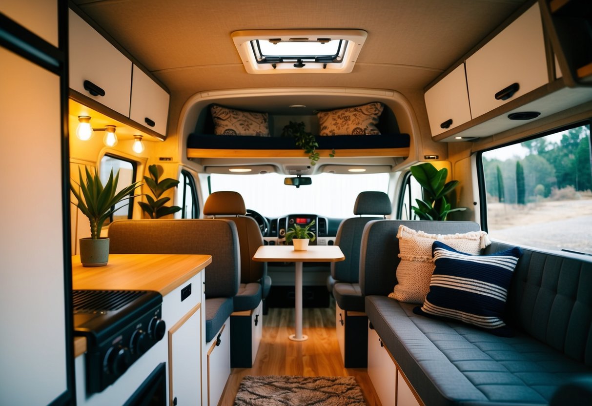 Ein gemütliches Wohnmobil-Interieur mit warmer Beleuchtung, Pflanzen und dekorativen Kissen. Der Raum verfügt über einen kleinen Essbereich, Staufächer und ein bequemes Bett