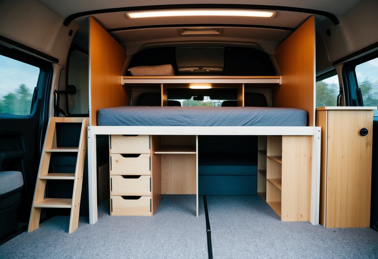 Ein faltbares Hochbett mit 15 modularen Möbelstücken für Wohnmobile