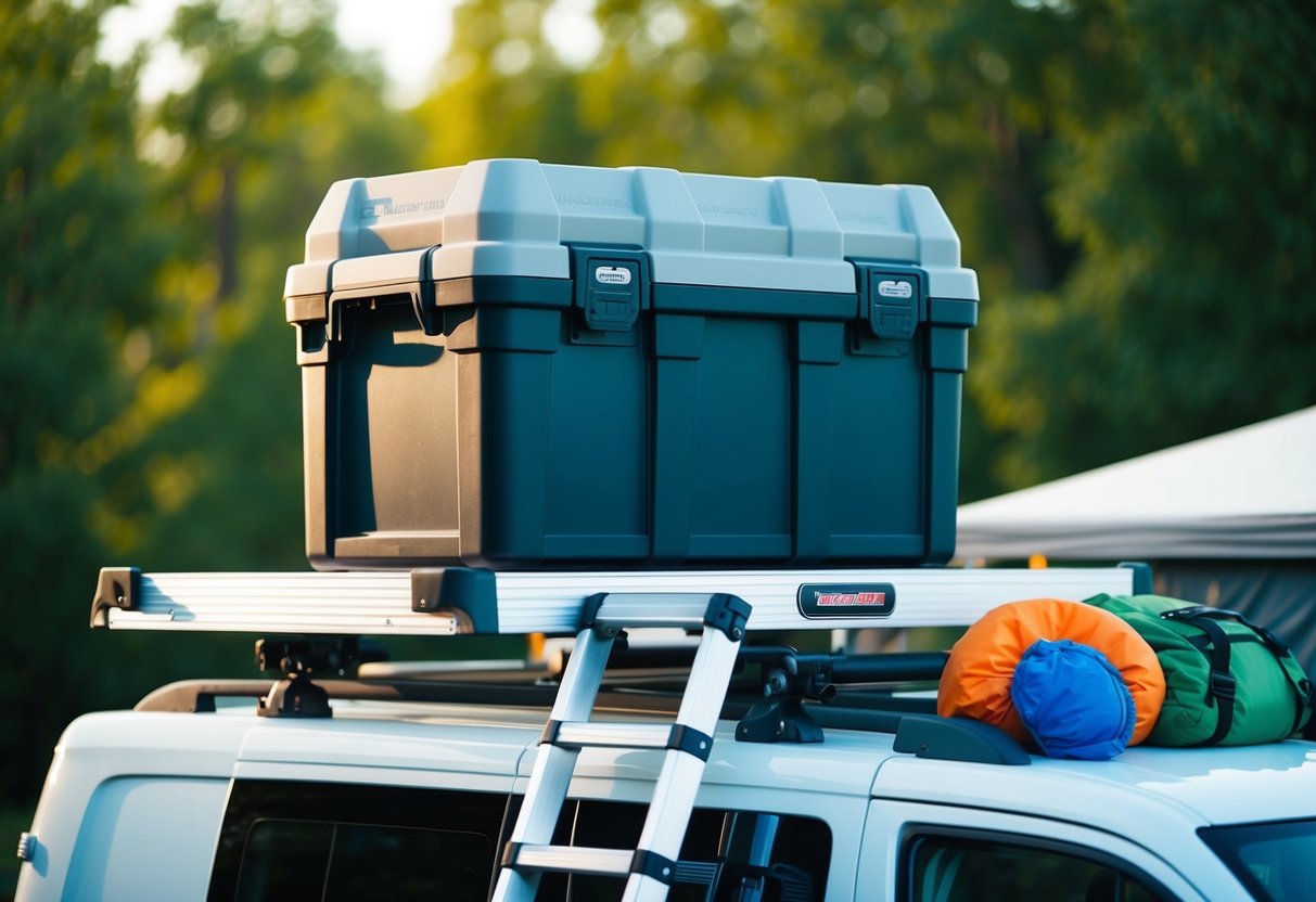 Eine Aufbewahrungsbox mit 15 Fächern für Wohnmobile, die mit einer Leiter auf dem Dach montiert und von Campingausrüstung umgeben ist