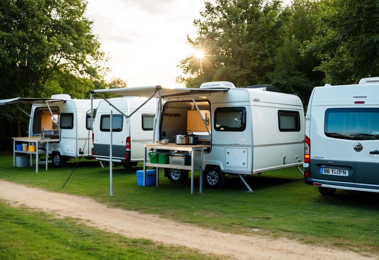 Ein Campingplatz mit einem Set aus 15 Outdoor-Küchenmodulen für Wohnmobile. Die Module sind übersichtlich organisiert und umfassen verschiedene Koch- und Aufbewahrungskomponenten