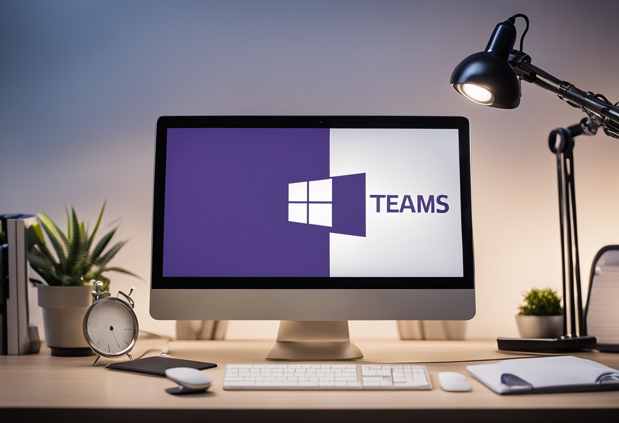 A computer screen with the Microsoft Teams logo displayed, surrounded by various office supplies and a desk lamp