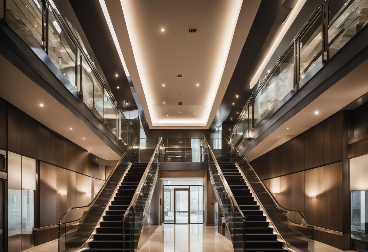 A hallway and staircase with modern lighting fixtures