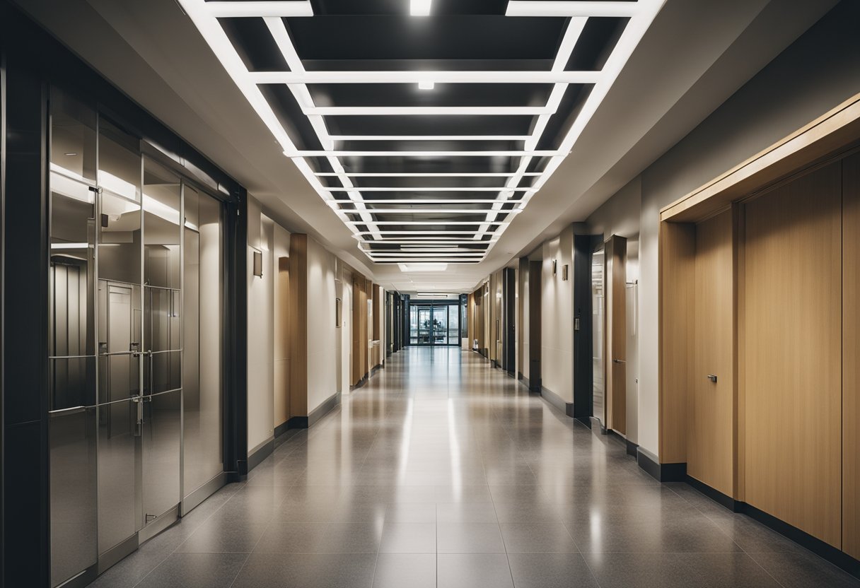 A well-lit hallway and staircase with strategically placed light fixtures to ensure safety and visibility