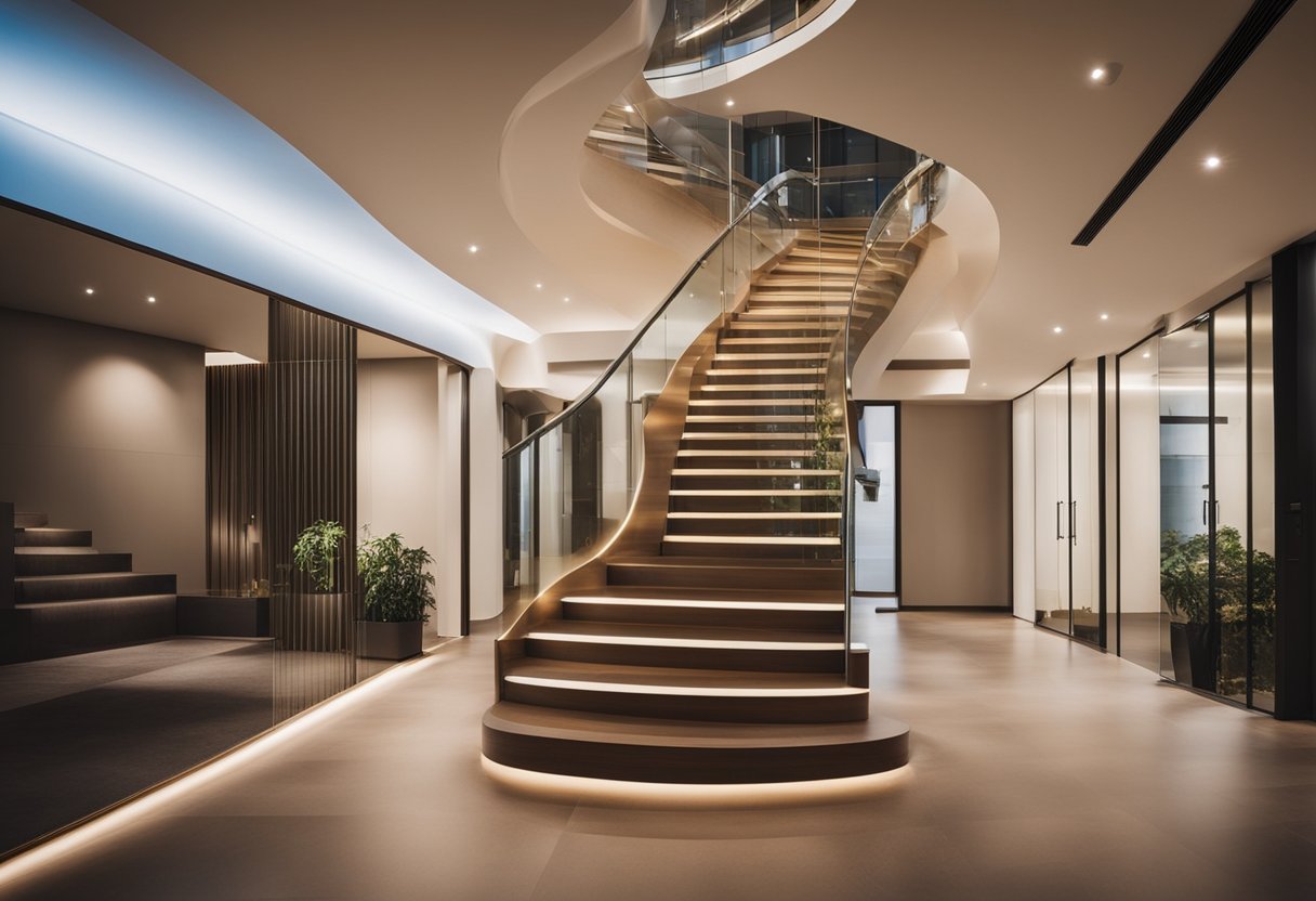 A well-lit staircase with modern lighting fixtures and a hallway with ambient lighting