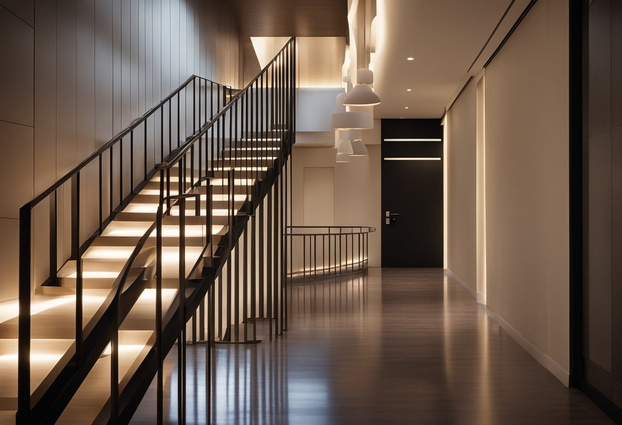 A hallway with a staircase, illuminated by modern, sleek lighting fixtures. The glow from the lights creates a warm and inviting atmosphere