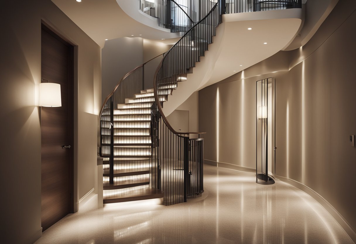 A hallway and staircase illuminated by modern lighting fixtures